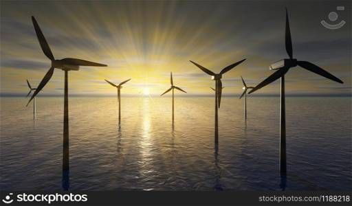 Wind turbines in the sea on a background of mountains and sunset. 3d render.