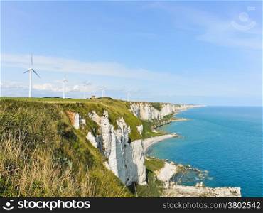 wind turbines on english channel shore in Normandy of Eretrat cote d&rsquo;albatre, France