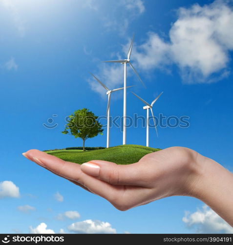 Wind turbines on meadow with tree holds in womans hand against blue sky and clouds. Green energy concept. Wind turbines with tree in female hand