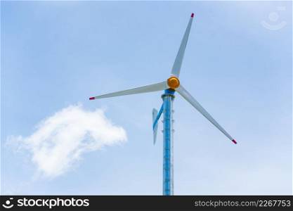 Wind turbines or Wind generators in light blue sky, white clouds background. Alternative energy. Wind Farm at sunshine day. Summer season. Close. Copy space. Backgrounds, Texture. Thailand.