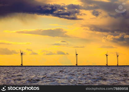 wind turbines power generator farm for renewable energy production along coast baltic sea near Denmark at sunset or sunrise. Alternative green energy ecology.