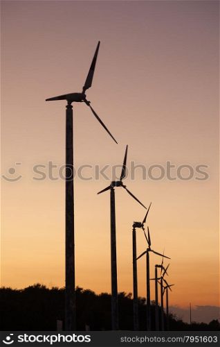 Wind turbines. Silhouette of windmills in the evening at sunset.