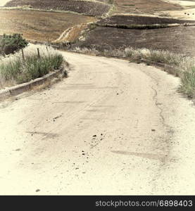 Winding Asphalt Road between Fields of Sicily, Retro Image Filtered Style