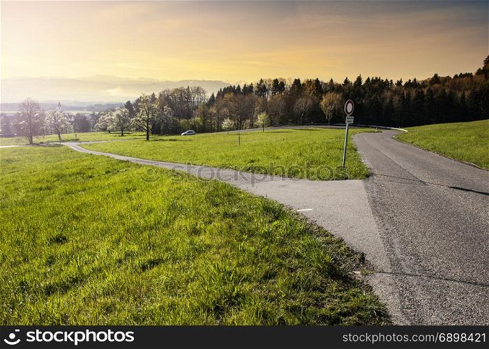 Winding asphalt road between pastures in Switzerland at sunrise. Swiss landscape with meadows and crossroads with a traffic sign