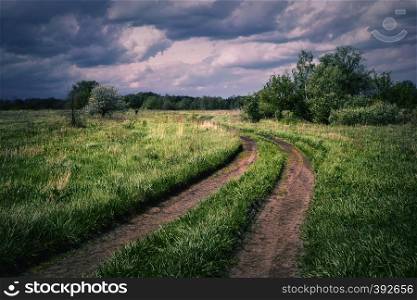 Winding country road in a cloudy evening. The road winds through a field with green grass under a cloudy sky. Summer landscape.. Winding country road in cloudy evening