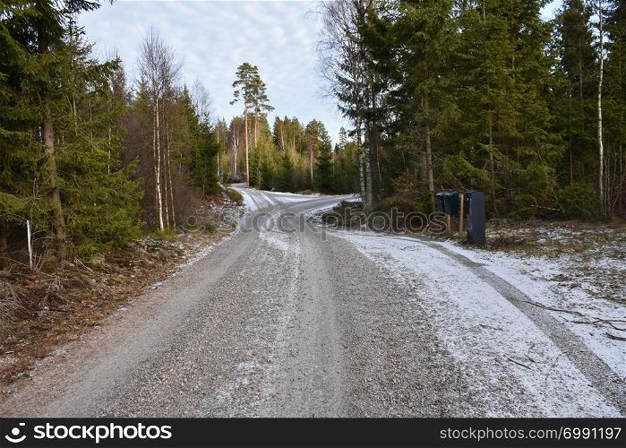 Winding gravel road with mail boxes in the woods in winter season