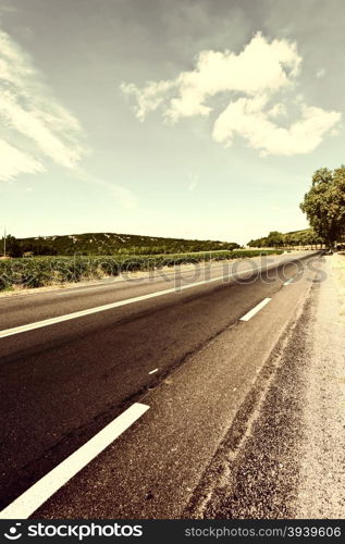 Winding Paved Road near Vineyard in France, Vintage Style Toned Picture