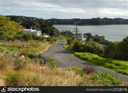Winding road down to Oneroa Bay, Waiheke Island, New Zealand
