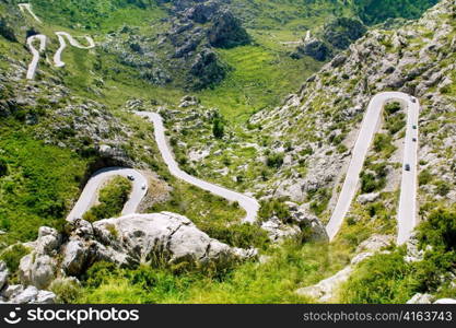 Winding road in mountain near Sacalobra in Mallorca Tramuntana from Spain