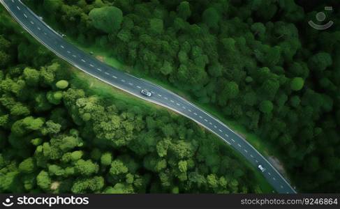Winding road trough dense pine forest. Aerial drone view, top down. Generative ai illustration. . Winding road trough dense pine forest. Aerial drone view, top down. Generative ai. 