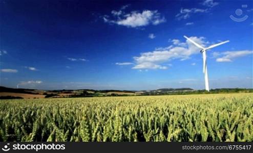 Windkraftanlage in einem Getreidefeld vor blauem Himmel, Westfalen, Deutschland