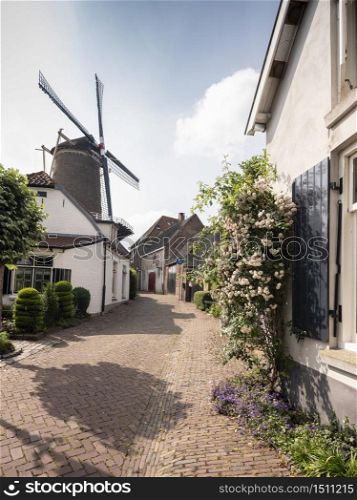windmill and sunny old summer street in wijk bij duurstede in dutch province of utrecht