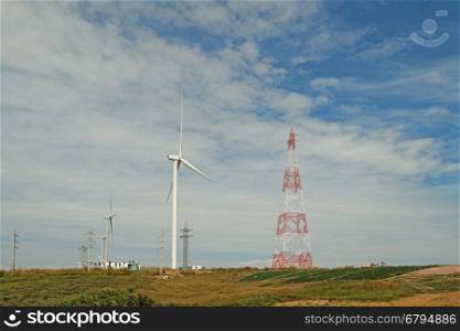 windmill for renewable energy on the hill with beautiful sky background