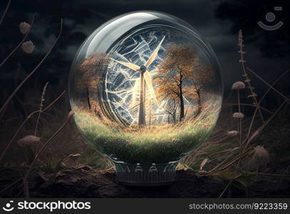 Windmill in a glass ball illustration. AI generative.