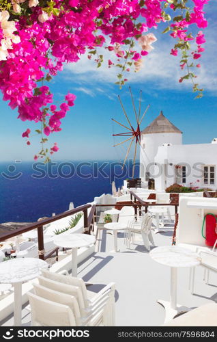 windmill of Oia with flowers at sunny day close up, Santorini. windmill of Oia, Santorini