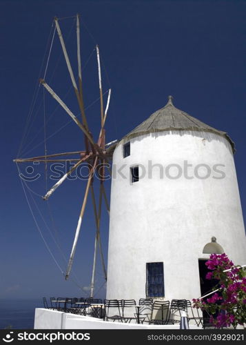 Windmill on the Greek island of Santorini in the Cyclades in the Aegean Sea off the coast of mainland Greece.