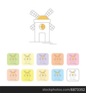 Windmill or mill line icons set with shadow. illustration. Windmill or mill line icon with shadow in colorful set