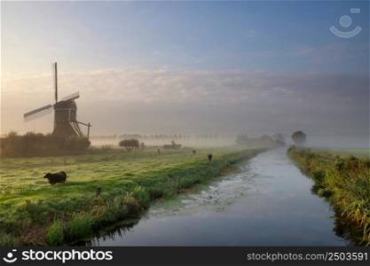 Windmill the Wingerdse Molen near the Dutch village Bleskensgraaf along a canal on a misty morning. Windmill the Wingerdse Molen near Bleskensgraaf