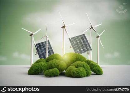 Windmills in a lush green grass field. Clean, renewable energy source promoting sustainability and eco-friendly living. Generative AI.