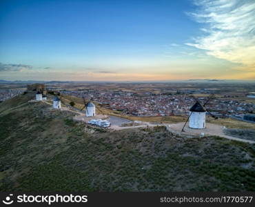 Windmills of Cervantes Don Quixote in Consuegra. Castile La Mancha, Spain, Europe. Aerial view.