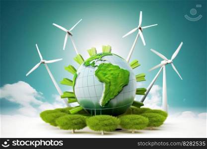 Windmills on a green landscape offering natural, sustainable electricity. Reducing carbon footprint and combatting climate change. Generative AI.