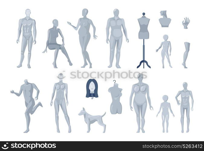 Window And Tailor Mannequins Icons Collection . Display window and tailor mannequins selection with running male and children light grey images collection isolated vector illustration