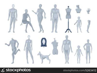 Window And Tailor Mannequins Icons Collection . Display window and tailor mannequins selection with running male and children light grey images collection isolated vector illustration