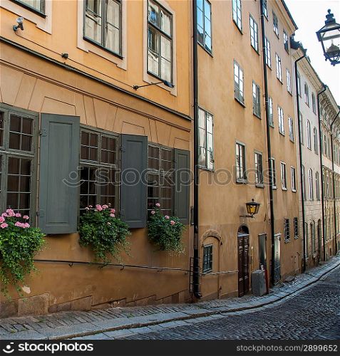 Window boxes on the windows of building, Gamla Stan, Stockholm, Sweden