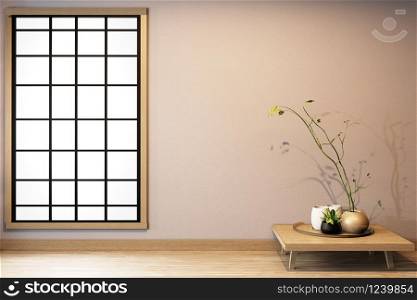 window design on Empty room white on wooden floor japanese interior design.3D rendering