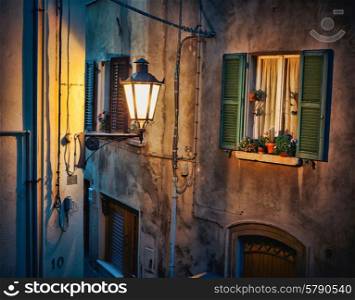 Window in old house with flower at night