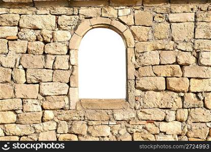 Window in the ancient stone wall white isolated
