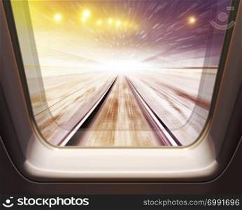 window of high speed train in winter- motion blur