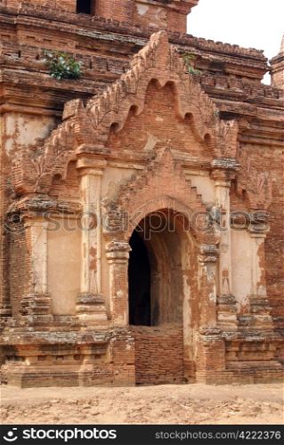 Window of old brick temple in Bagan, Myanmar