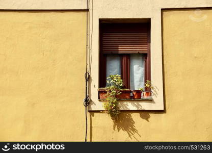 window on the yellow building facade in Bilbao city