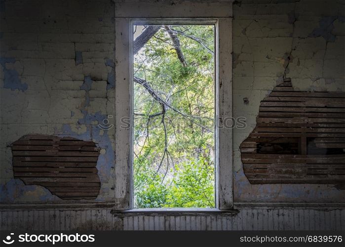 window view from an old abandoned schoolhouse in rural Nebraska