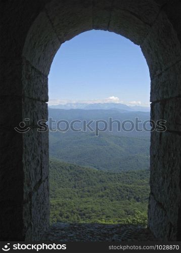 Window view inside Fortress on Mount Ahun, Hosta territore, Krasnodar region, Russian Federation 06 august 2011
