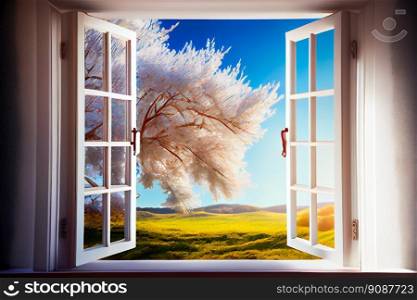  Window with  landscape view.  Open window to the garden. Generative AI 