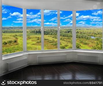 Window with view to the summer landscape. Window with view to the vast picturesque summer landscape