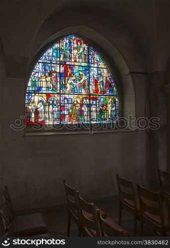 windows from inside catholic church in Luxembourg