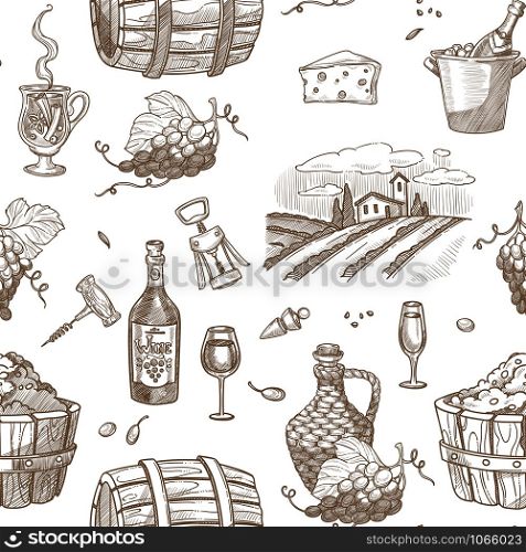 Wine and barrels with alcoholic beverage seamless pattern vector. House building with vineyard and grapes for making drink. Bottles and glass with cork to open it, kegs fermenting vintage liquids. Wine and barrels with alcoholic beverage seamless pattern vector.
