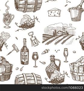 Wine and barrels with alcoholic beverage seamless pattern vector. House building with vineyard and grapes for making drink. Bottles and glass with cork to open it, kegs fermenting vintage liquids. Wine and barrels with alcoholic beverage seamless pattern vector.