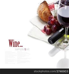 Wine and bread over white. With easy removable sample text