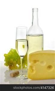 Wine and cheese on a white background