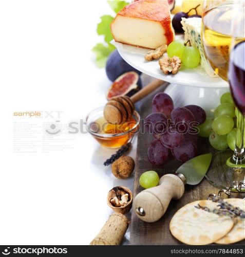 Wine and cheese plate - close up image. With easy removable sample text