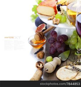 Wine and cheese plate - close up image. With easy removable sample text