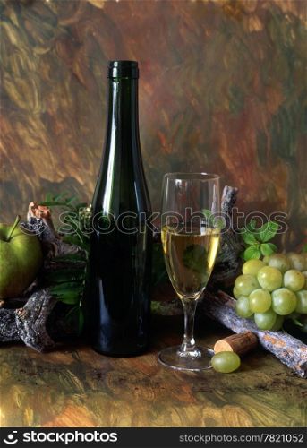Wine and fruits isolated on painted background