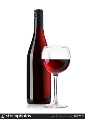 wine bottle and glass with red wine, isolated on a white background