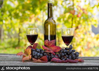 wine bottle and grapes on wooden table outdoor