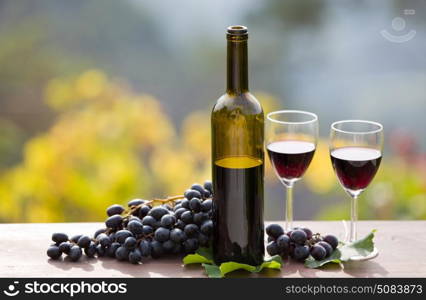 wine bottle and grapes on wooden table outdoor