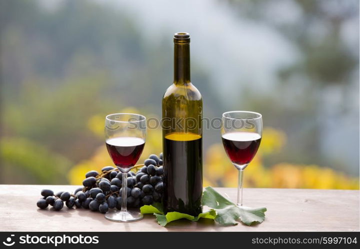 wine bottle and grapes on wooden table outdoor